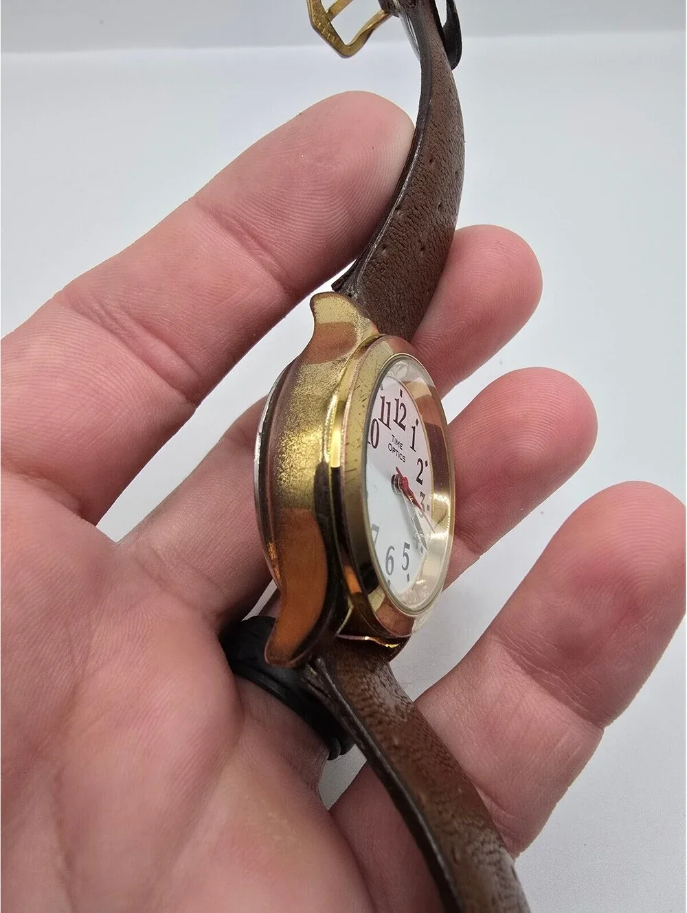 Time Optics Watch White Arabic Dial Gold Tone Brown Leather Strap